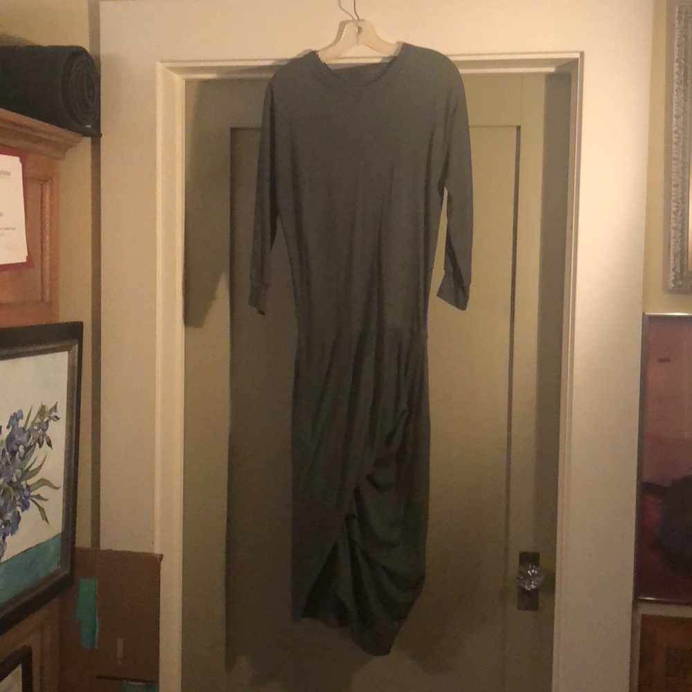 Yohji Yamamoto olive green dress, draped bottom.